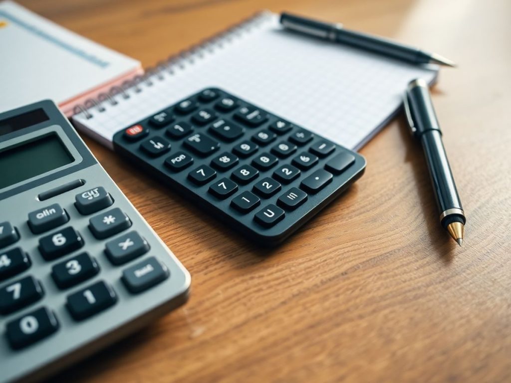Calculator și notepad pe birou pentru bugetare.